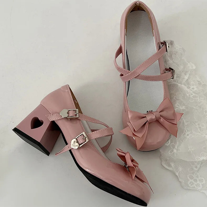 Pink Mary Jane Lolita Shoes Women Autumn Patent Leather Low Heels Pumps Woman Silk Bowtie Ankle Straps Loafers Party Shoes