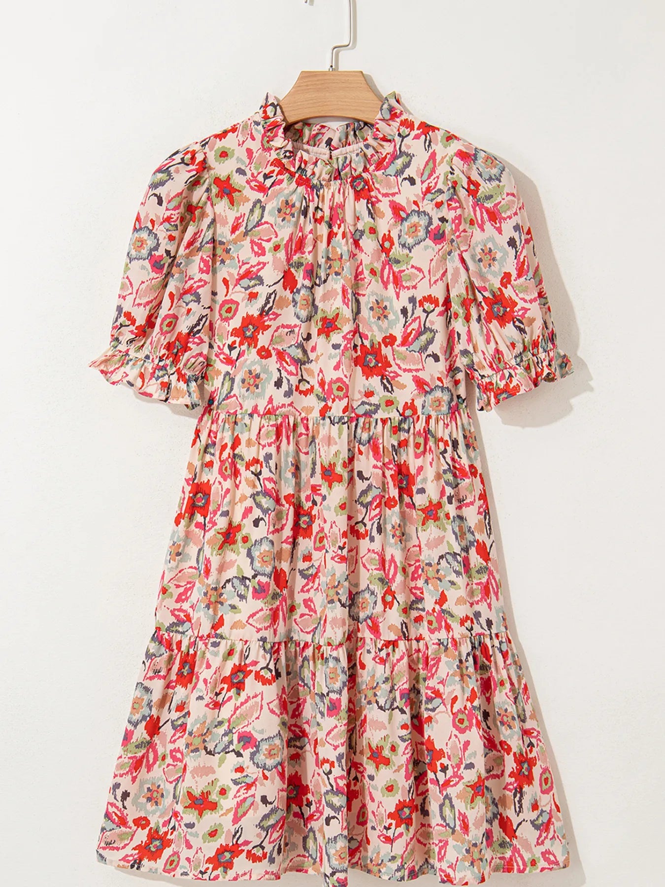 Floral Print Frilled Neck Puff Sleeve High Waist Dress