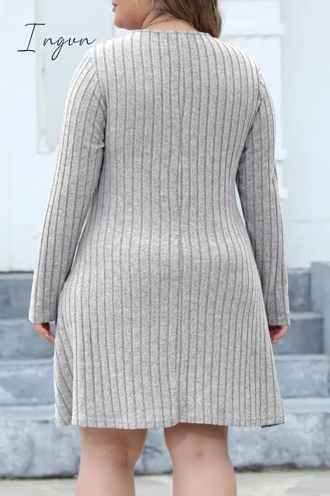 Ingvn - Casual Solid Patchwork V Neck Long Sleeve Plus Size Dresses (Without Belt)