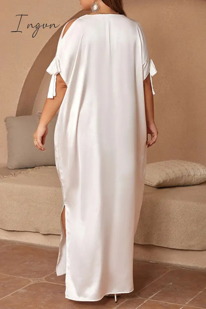 Ingvn - Casual Solid Frenulum Slit O Neck Long Dress Plus Size Dresses