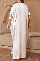 Ingvn - Casual Solid Frenulum Slit O Neck Long Dress Plus Size Dresses