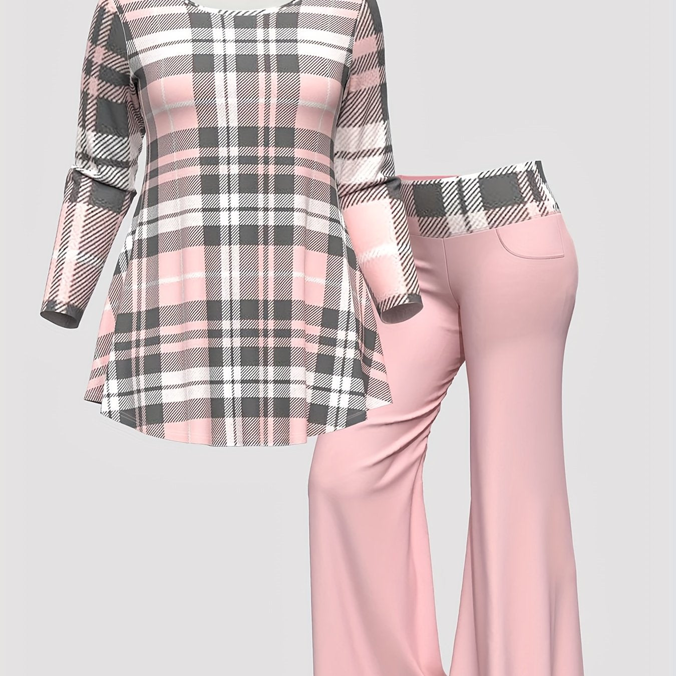 Women's Casual Outfits Set, Plus Size Plaid Print Long Sleeve Round Neck Top & Flared Leg Pants Outfits 2 Piece Set