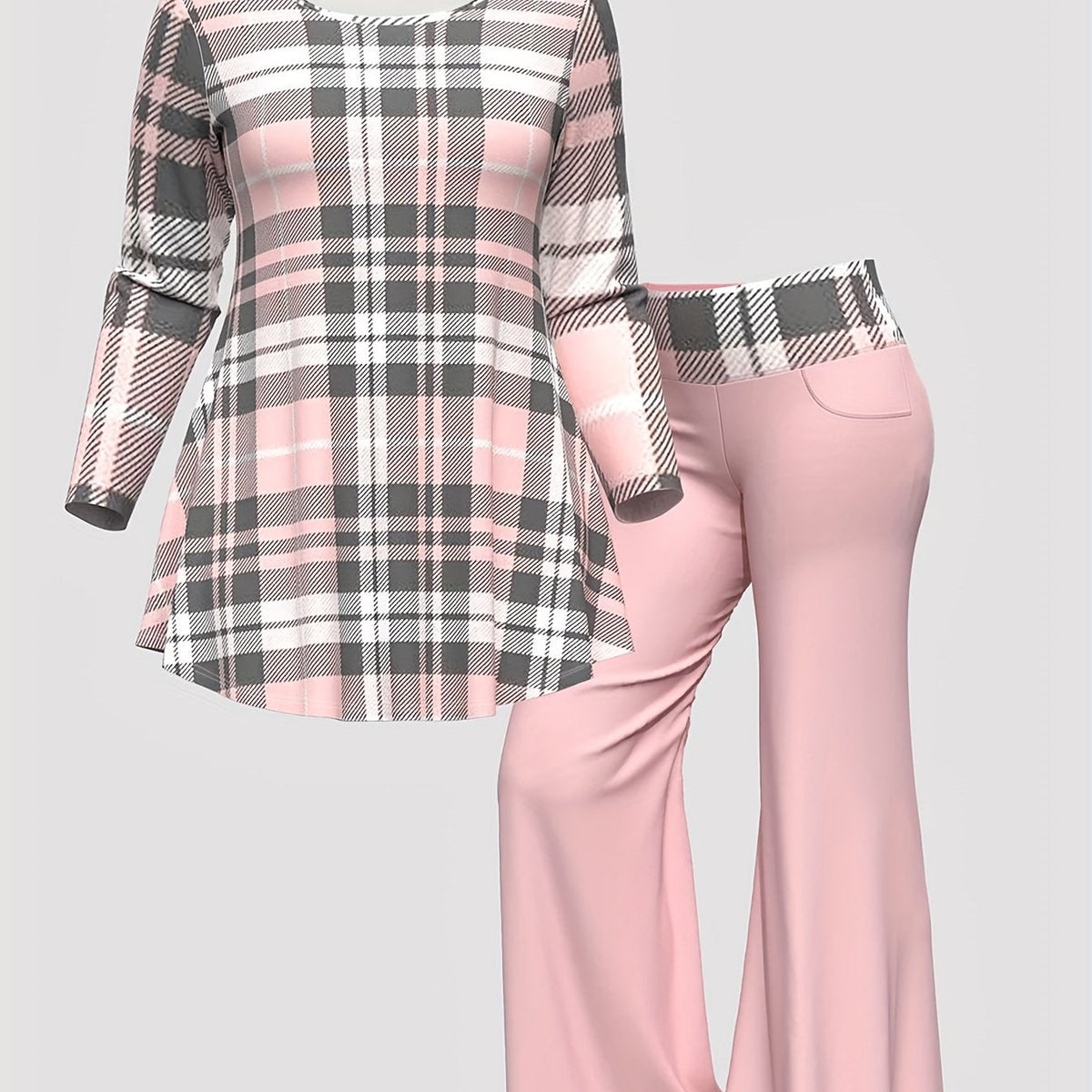 Women's Casual Outfits Set, Plus Size Plaid Print Long Sleeve Round Neck Top & Flared Leg Pants Outfits 2 Piece Set