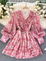 Ingvn - New Fashion Cyber Celebrity Chiffon Floral Print Dress Female Spring Summer French Retro Super Fairy Sweet V-neck Short A-line Dress ML857