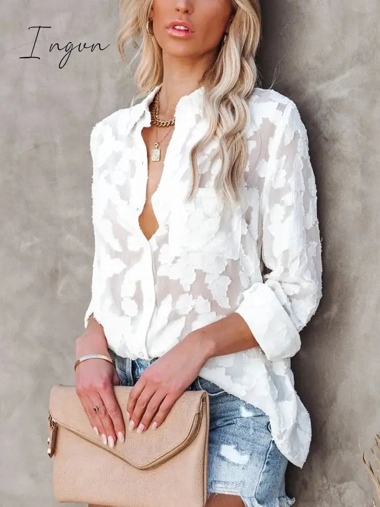 Ingvn - Women's Cotton Shirt Blouse Women 2023 Elegant Spring Candy Colors Basic Top Turn-down Collar Long Sleeve Solid Button Blouses