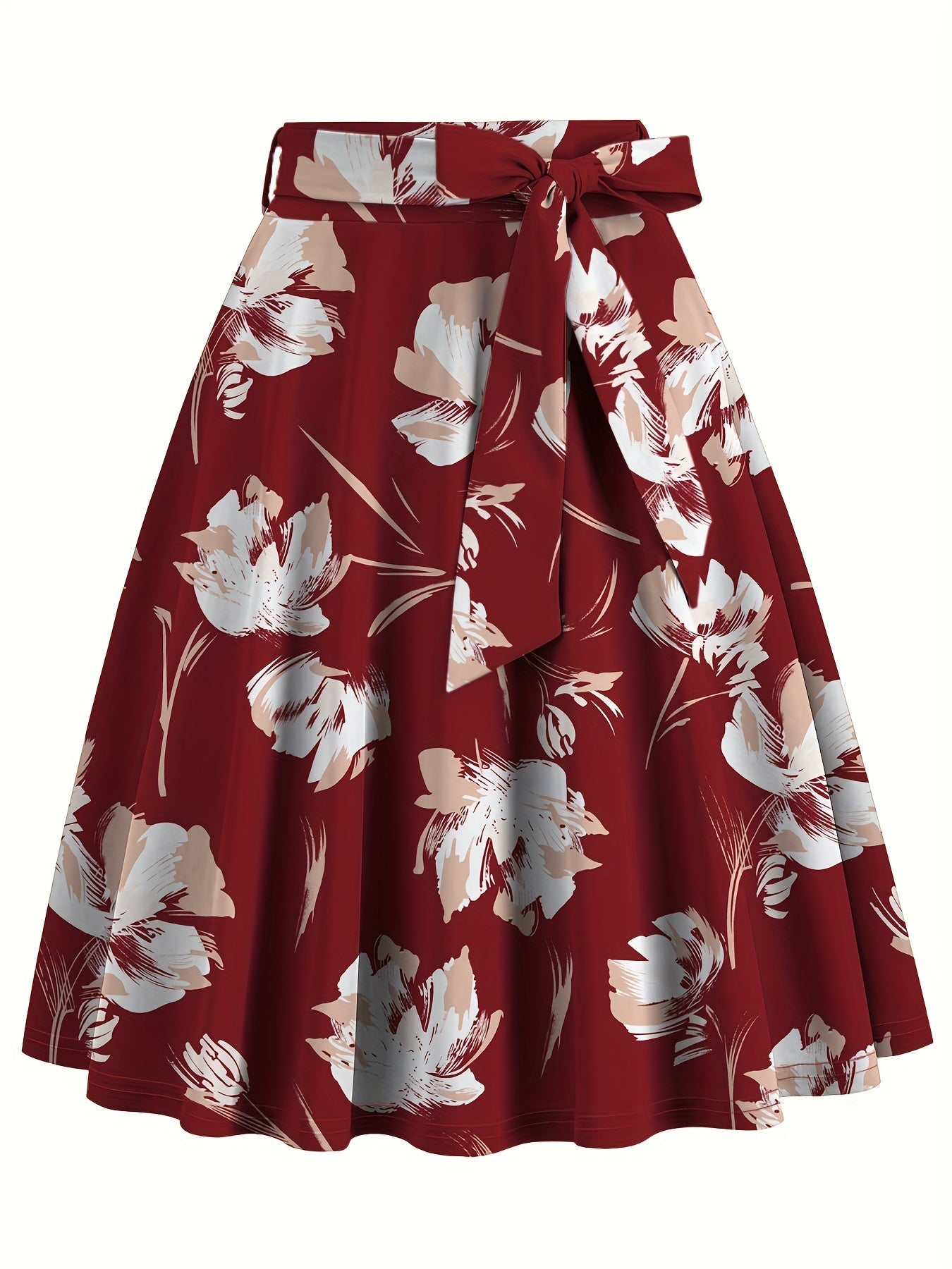 Floral Print High Waist Skirt, Elegant Belted Flared Midi Skirt, Women's Clothing