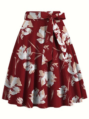Floral Print High Waist Skirt, Elegant Belted Flared Midi Skirt, Women's Clothing