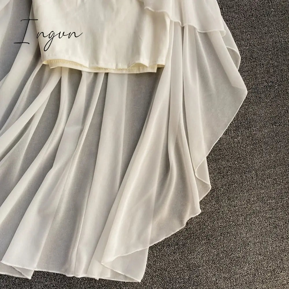 Ingvn - Women Dress Spring Summer French Elegant Sexy Gentle Temperament Female Irregular Tube Top Sling Big Swing Vestido