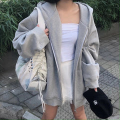 VOGUABLE  Women Hoodies Harajuku Korean Version Zip Up Loose Oversized Sweatshirts Casual Solid Color Long Sleeve Hooded Sweatshirt Coats