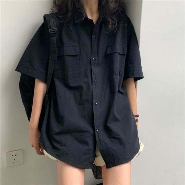 Short Sleeve Shirt Women White Turn Down Collar Basic Casual Teen Gril Student Oversize Shirt Women Loose Blouse
