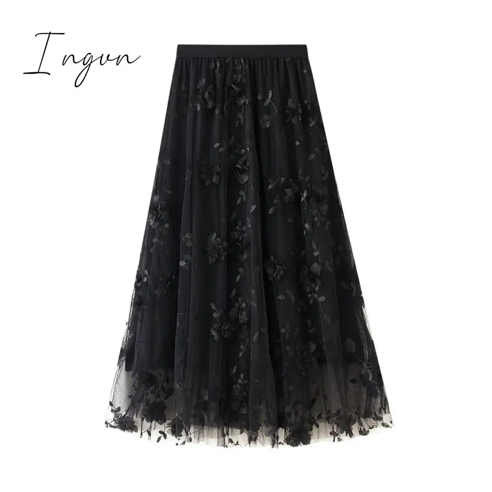 Ingvn - Luxury Woman Skirts Korean style Fashion Elastic Waist Appliques Embroidery Floral Mesh Skirt Long Gauze Ball Gown Skirt