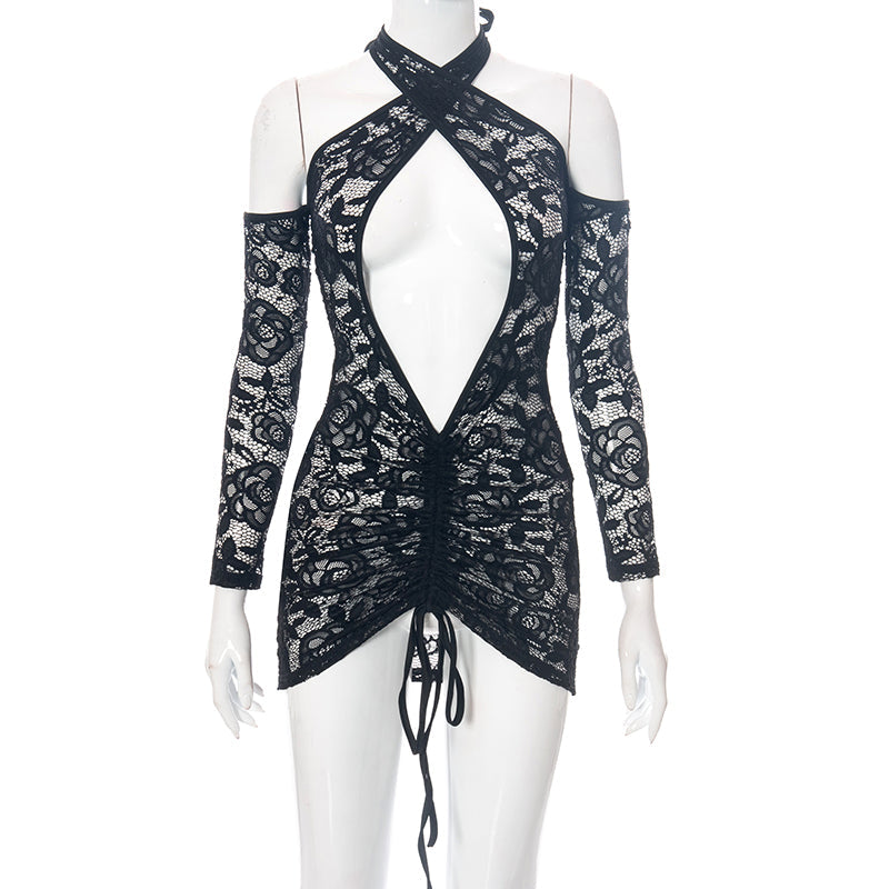 Voguable Lace Up Drawstring Ruched Women Halter Lace Mini Dress  Hollow Out Backless Bodycon Sexy Streetwear See Through