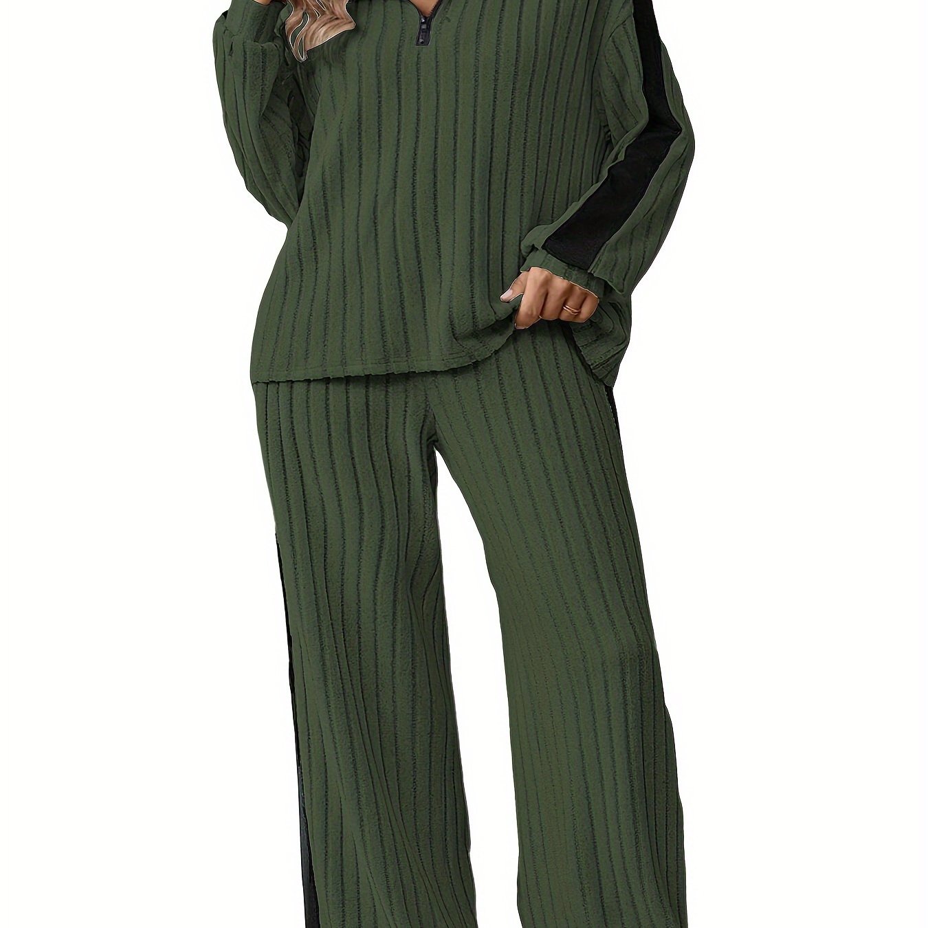 Stylish Plus Size Co-ords - Ribbed Half Zip Long Sleeve Sweatshirt and Wide Leg Pants Outfits for Women - Casual, Comfortable, and Chic Clothing Set for Curvy Figures