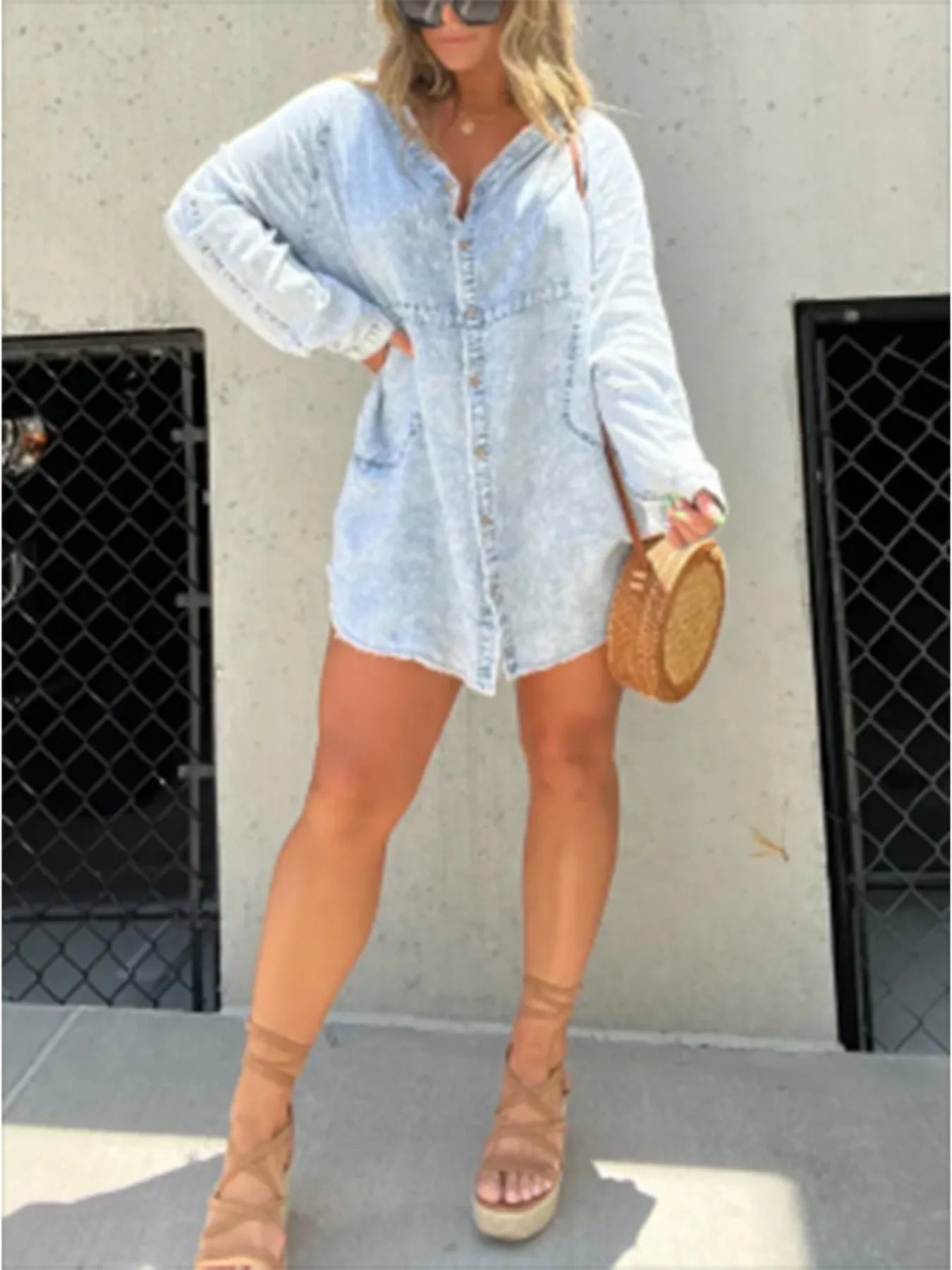 Full Size Button-Front Long Sleeve Denim Shirt Dress Plus Size