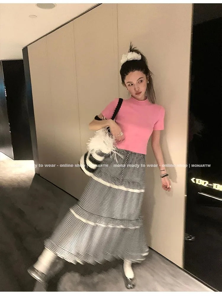 Japanese Vintage Lace Cake Skirt Plaid Edge of Fungus Skirts for Woman Summer Slim Long Dress Korean Fashion Faldas