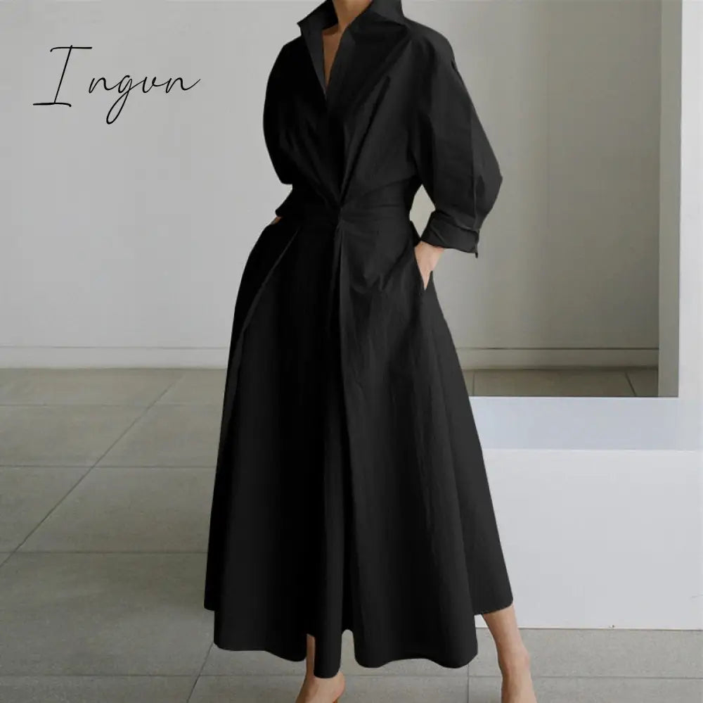 Ingvn - Elegant Women Spring Autumn Sundress Fashion Lapel Neck Long Sleeve Solid Long Shirt Dress OL Vestidos Robe Femme 5XL Long Dress