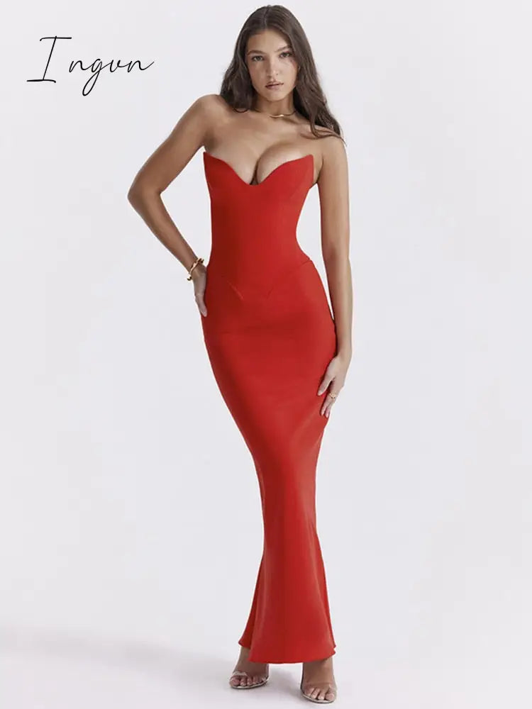 Ingvn - Strapless Off-shoulder Sexy Maxi Dress For Women Gown Fashion Elegant With Fishbone Bodycon Night Club Party Dress