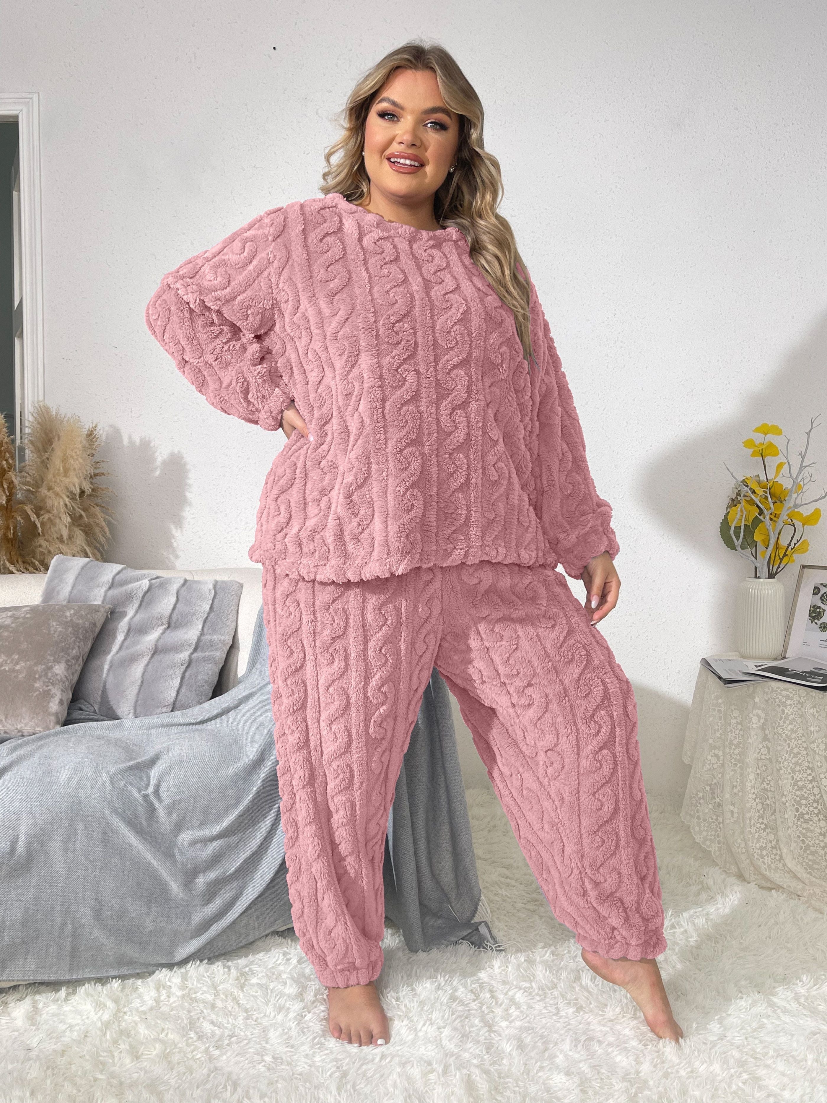 Plus Size Casual Pajamas Set, Women's Plus Solid Textured Long Sleeve Round Neck Warm Flannelette & Joggers Loungewear Two Piece Set