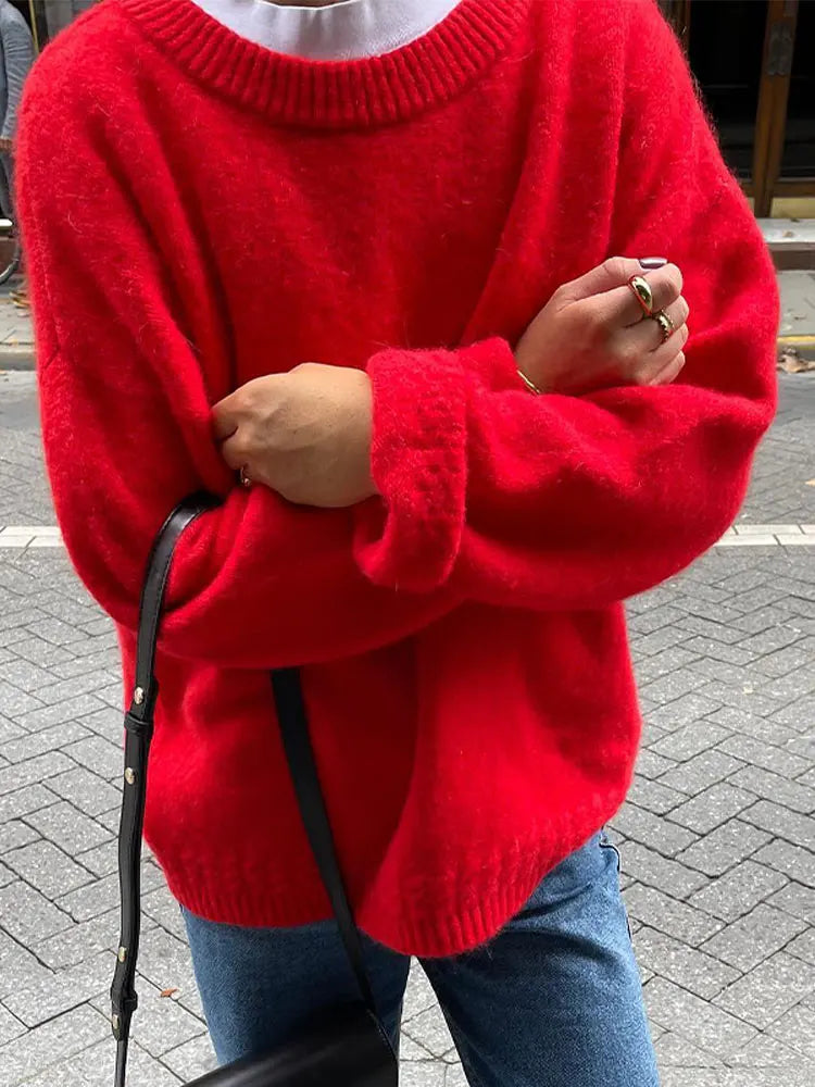Solid Knit O-neck Elegant Women Pullover Long Sleeve Oversized Loose Soft Warm Sweater  Autumn Chic Casual Office Knitwears