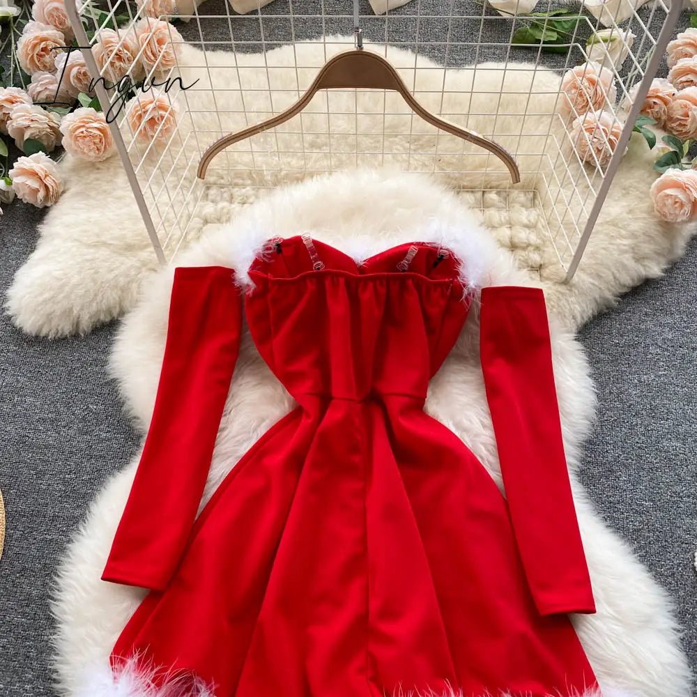 Ingvn - Gifts For Women Elegant Dress For New Year Strapless Backless Furry Sexy Short Mini Christmas Dress Navidad Red Party Dress Femme