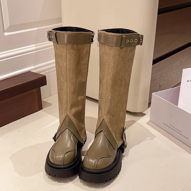 Ingvn  Vintage Winter Belt Buckle Women Knee High Boots Fashion Slip On Long Booties Designer Thick Heels Botas De Mujer