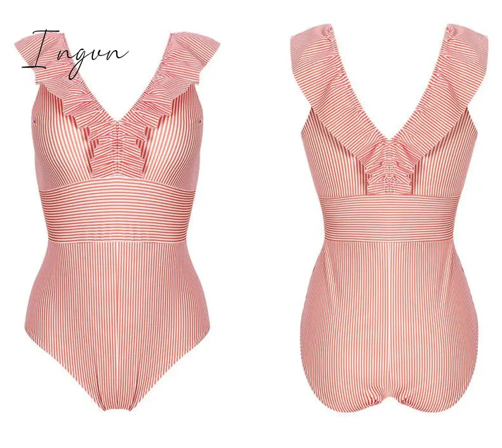 Ingvn - Ruffled Striped One-Piece Swimsuit ( 3 Colors)