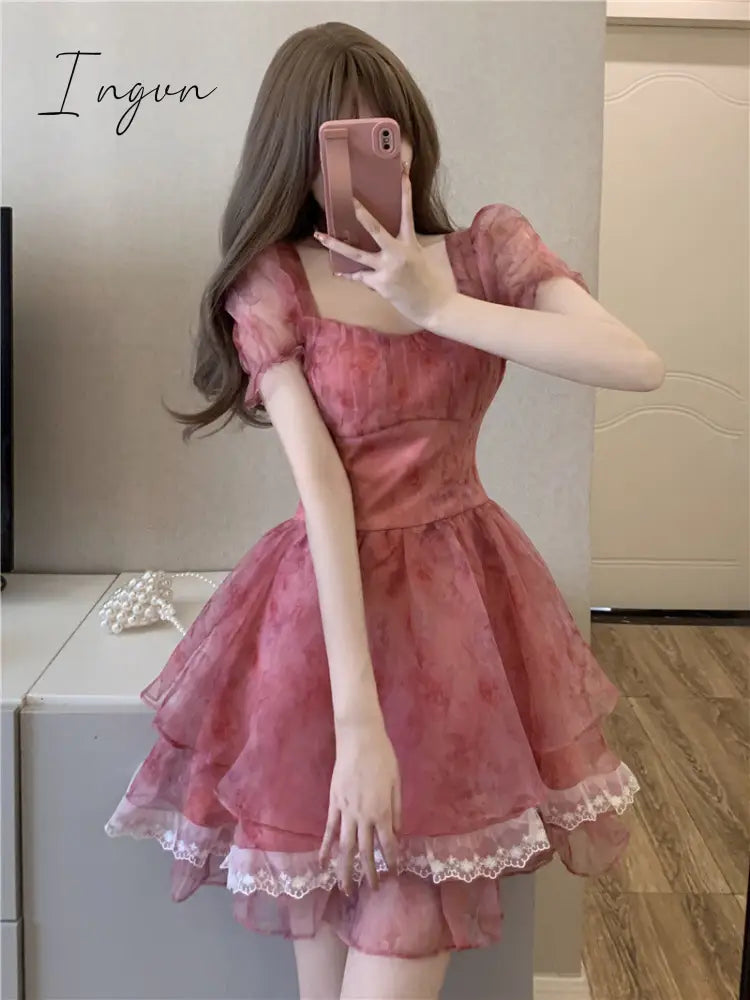 Ingvn - Pink Floral Short Party Dress Sexy Lace Puff Fairy Kawaii Clothing Mini Dress Fashion Birthday Lolita Dress Women Summer 2023