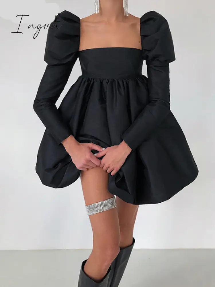 Ingvn - Elegant Party Dress For Women Sexy Backless Mini Dress Long Sleeve Pleated Ball Gown Puffy Dresses y2k Streetwear Black