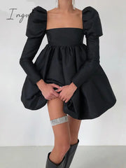 Ingvn - Elegant Party Dress For Women Sexy Backless Mini Dress Long Sleeve Pleated Ball Gown Puffy Dresses y2k Streetwear Black