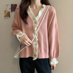 Ingvn - Spring Autumn New Women's Clothing Sweet V-Neck Knitted Cardigan Korean Fashion Buttons Long Sleeve Ruffles Sweaters Female