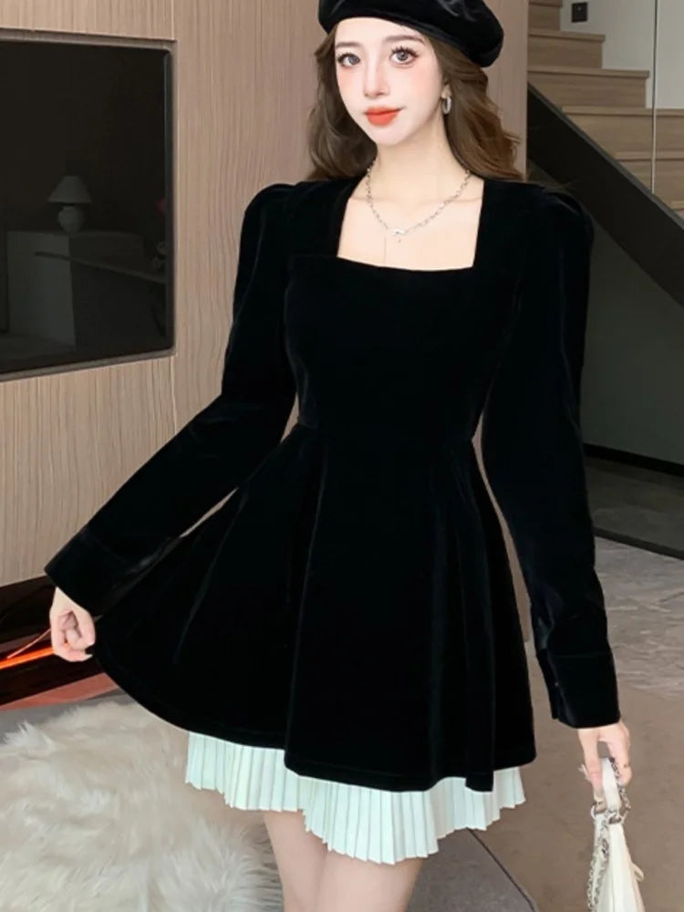 Korean Velvet Mini Dress Elegant Long Sleeve Square Collar Patchwork A-Line Birthday Party Vestidos High Waist Female Dresses
