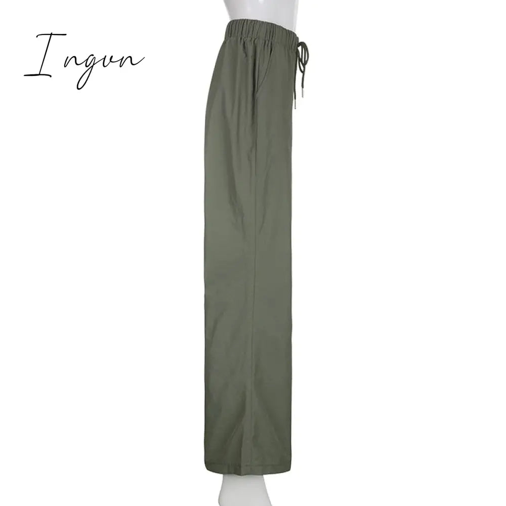 Ingvn - Joggers Baggy Wide Leg Sweatpants Sets Loose Drawstring Low Waist Streetwear Cargo Pants Turtleneck Top 2 Piece Set