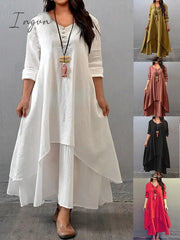 Ingvn - Women's Plus Size Casual Dress Swing Dress Solid Color Long Dress Maxi Dress Long Sleeve Button Fake two piece V Neck Basic Daily Black White Summer Spring L XL XXL 3XL 4XL