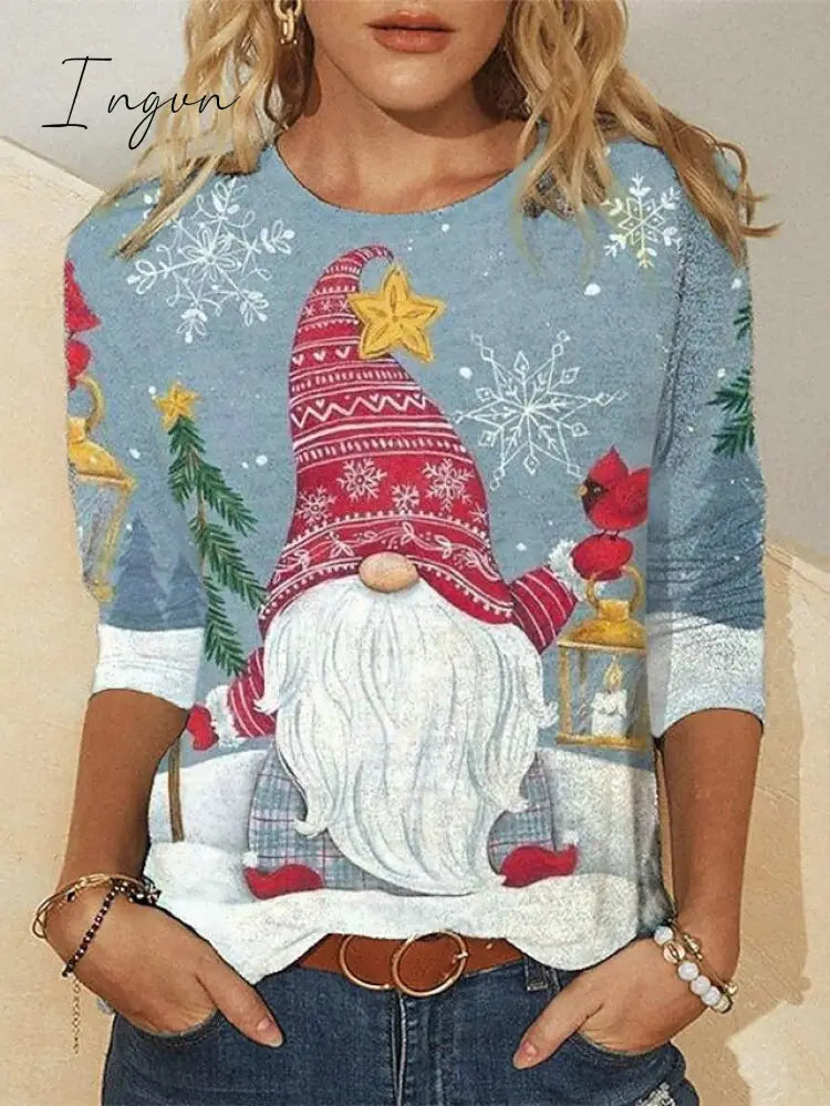 Ingvn - Women's T shirt Tee Black-T1 Snowman Reindeer Print Long Sleeve Christmas Weekend Basic Christmas Round Neck Painting