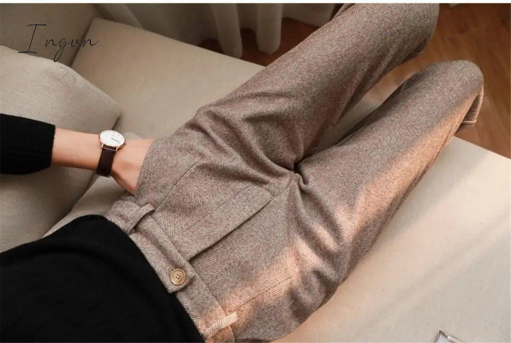 Ingvn - Herringbone Woolen Pants Women's Harem Pencil Pants Autumn Winter High Waisted Casual Suit Pants Office Lady Women Trousers