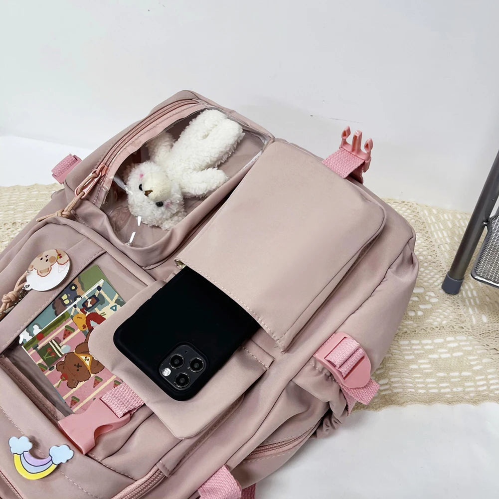 INGVN  Kawaii Aesthetic Women Backpack School Bag for Teen Girls Japanese Korean Rucksack Student Bookbags with Cute Accessor Mochila