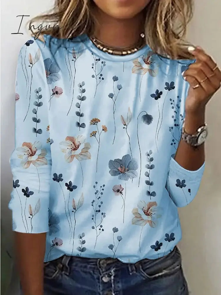 Ingvn - Women's T shirt Tee White Yellow Pink Floral Print Long Sleeve Holiday Weekend Basic Round Neck Regular Floral Painting