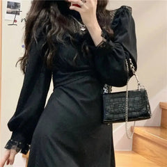 Ingvn - French Lace Vintage Dress Women Fashion Puffer Sleeve Elegant One Piece Dress Korean Spring High Street Slim Midi Dress Y2k