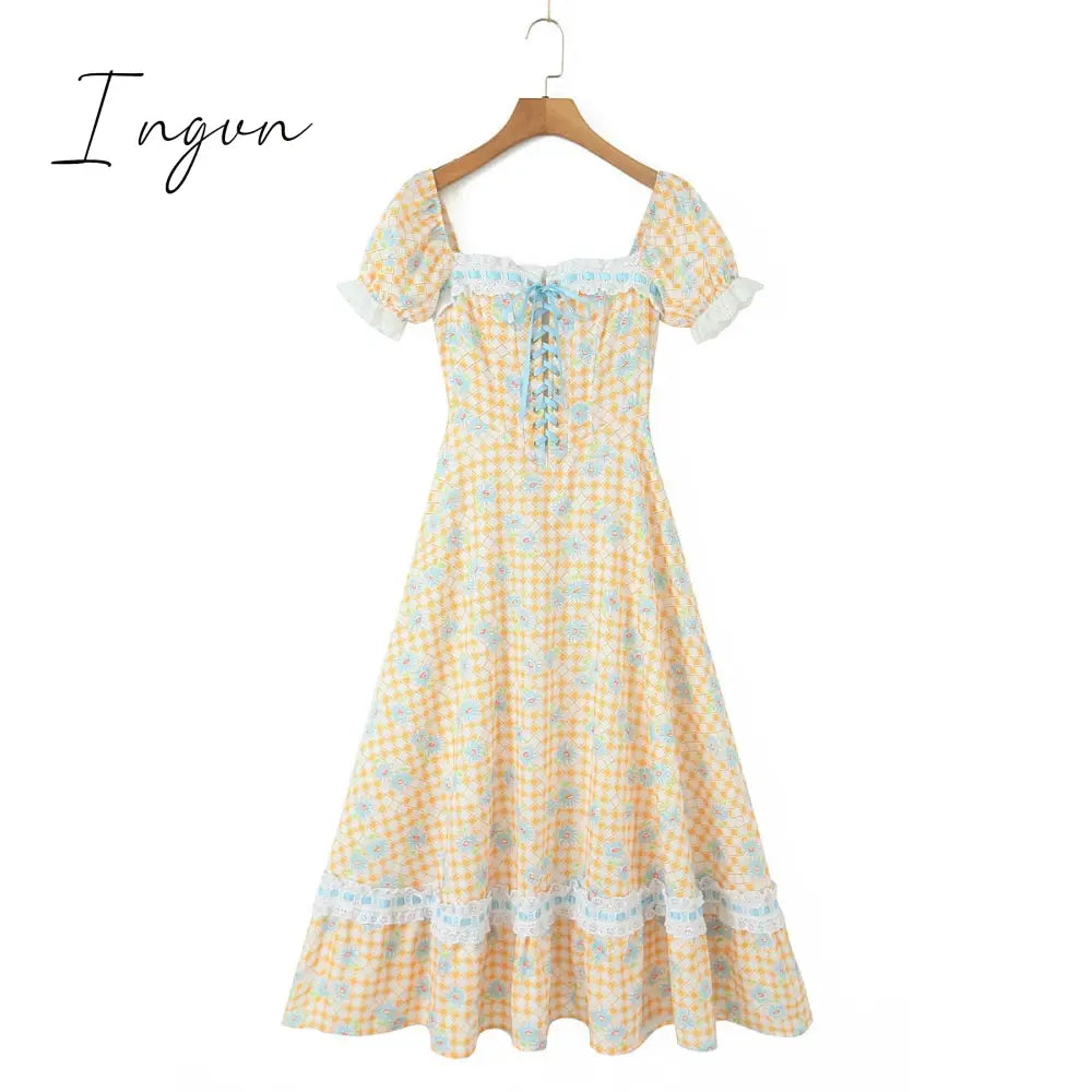 Ingvn - New Summer Print Plaid Short Sleeve Square Collar High Waist Lace-up Holiday Vocation Beach Long Women Dress