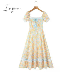 Ingvn - New Summer Print Plaid Short Sleeve Square Collar High Waist Lace-up Holiday Vocation Beach Long Women Dress