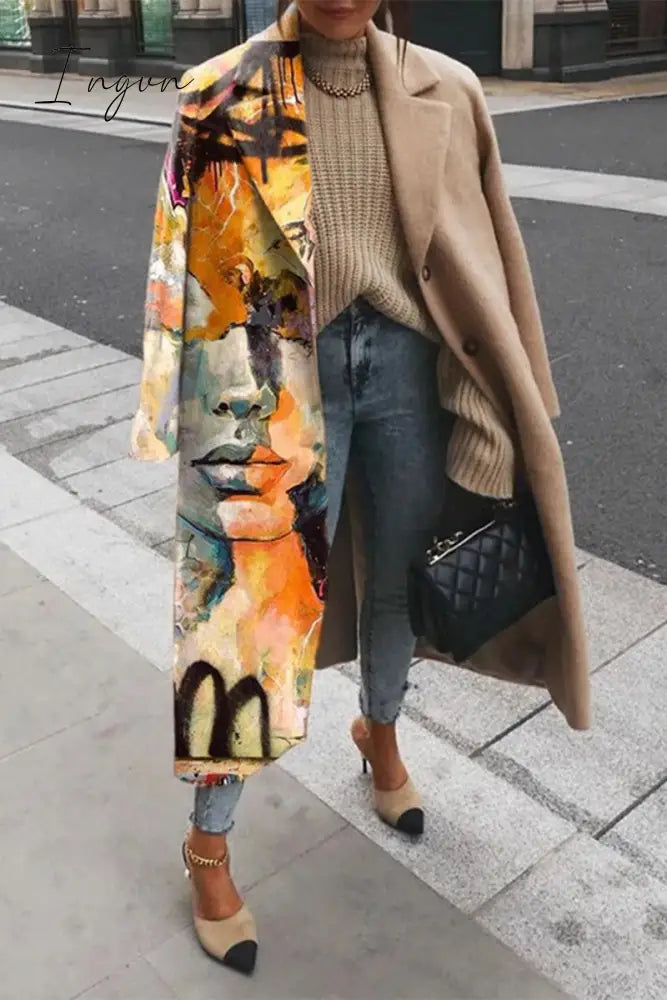 Ingvn - Elegant Print Contrast Turn-back Collar Outerwear