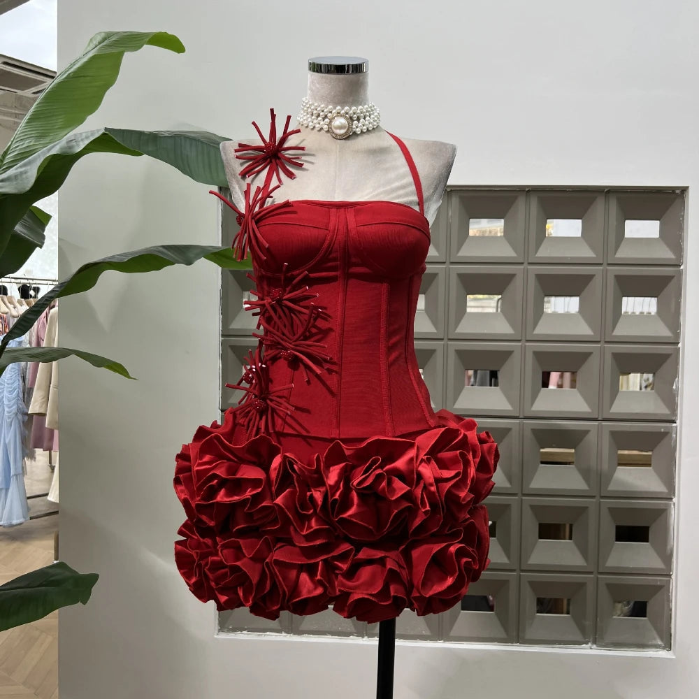 Bandage Tight Two Piece Flower Top Mini Skirt Sets Halter Knitted Nightclub Clothing Luxury Party Dress Women's Fashion Outfit