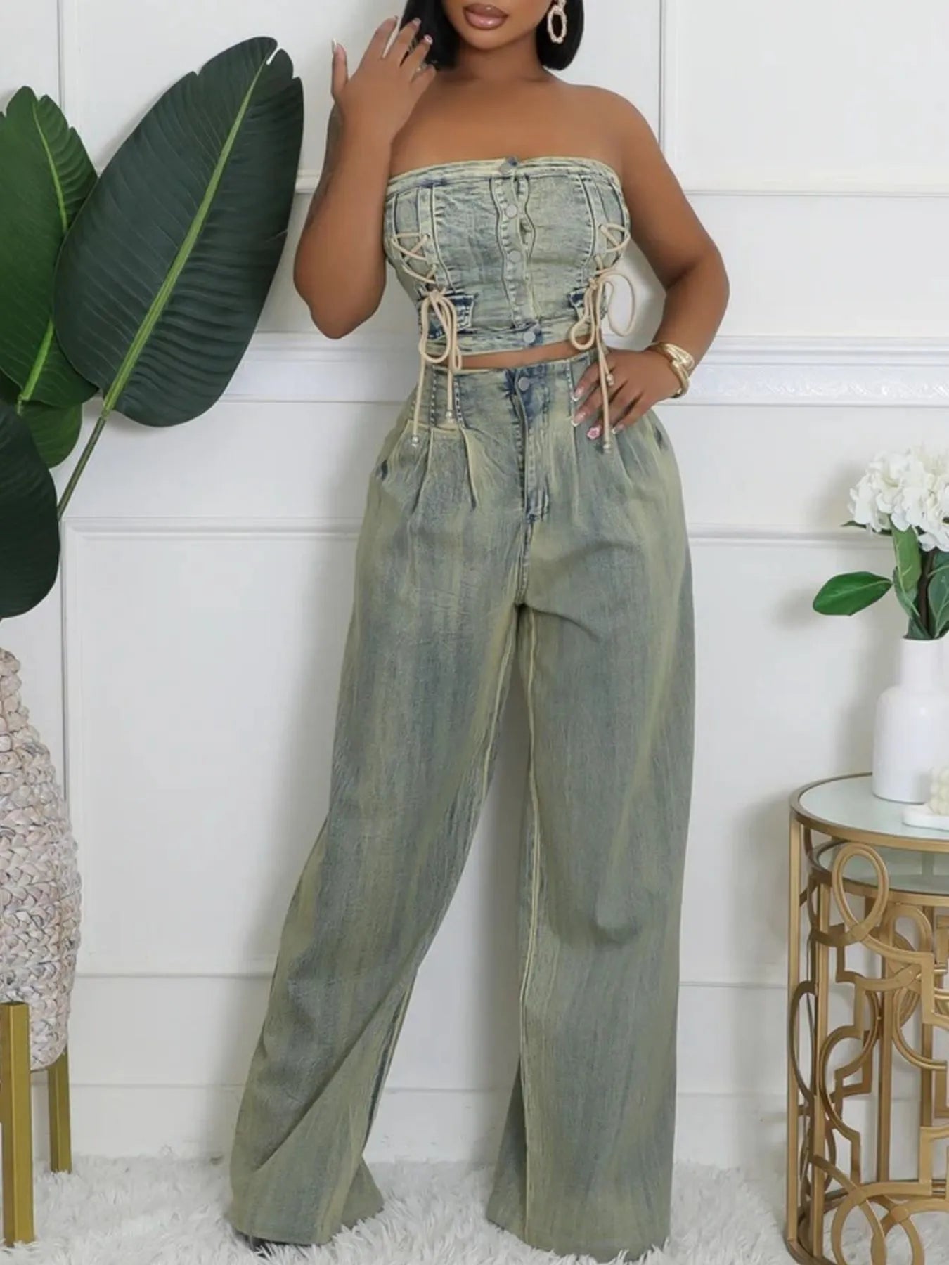Smocked Tube Top and Jeans Denim Set