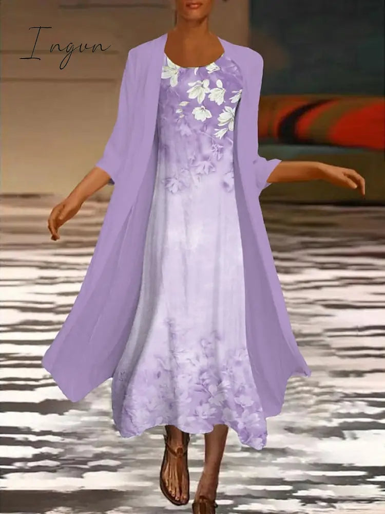 Ingvn - Women‘s Dress Set Two Piece Dress Midi Dress Green Blue Purple Pink White Long Sleeve Floral Ruched Print Summer Spring Fall Crew Neck Elegant Casual Classic 2023 S M L XL XXL 3XL / Summer Dress