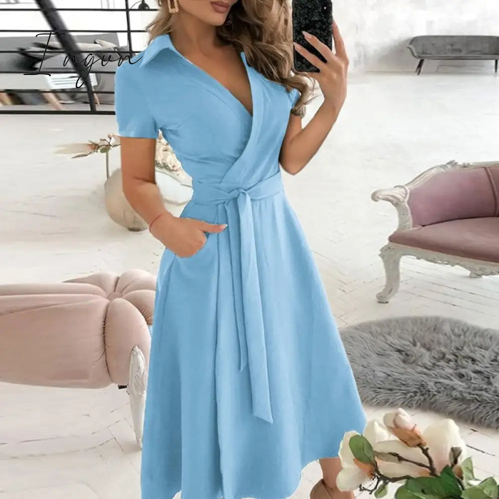 Ingvn - v neck long sleeve spring summer printed dress