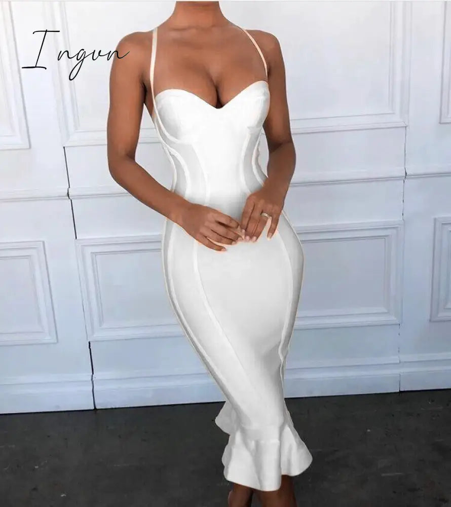 Ingvn - High Quality Pink Yellow Knee Length Rayon Bandage Dress Evening Party Elegant Dress