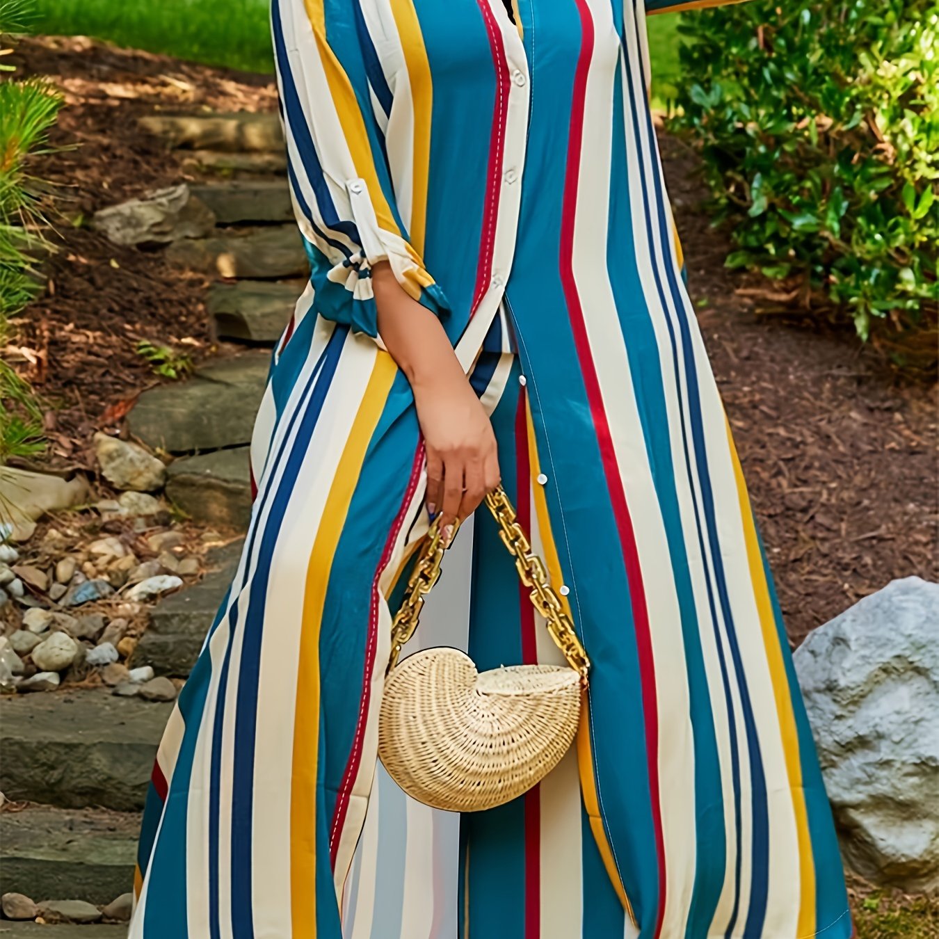 Plus Size Casual Outfits Set, Women's Plus Colorblock Stripe Print Button Up Long Sleeve Turn Down Collar Blouse & Wide Leg Pants Outfits 2 Piece Set
