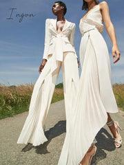 Ingvn - HIGH QUALITY Newest Fashion 2023 Designer Suit Set Women's Lacing Belt Blazer Pleated Zip Pants Set 2pcs Set
