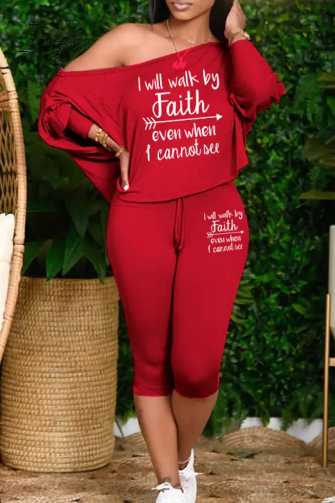 Ingvn - Pink Plus Size Casual Letter Patchwork Draw String Printing One Shoulder Plus Size Two Pieces