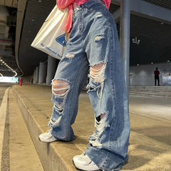 Ingvn - Spring And Autumn women's ripped jeans high waist loose straight pants wide leg pants women's jeans Y2K high street jeans